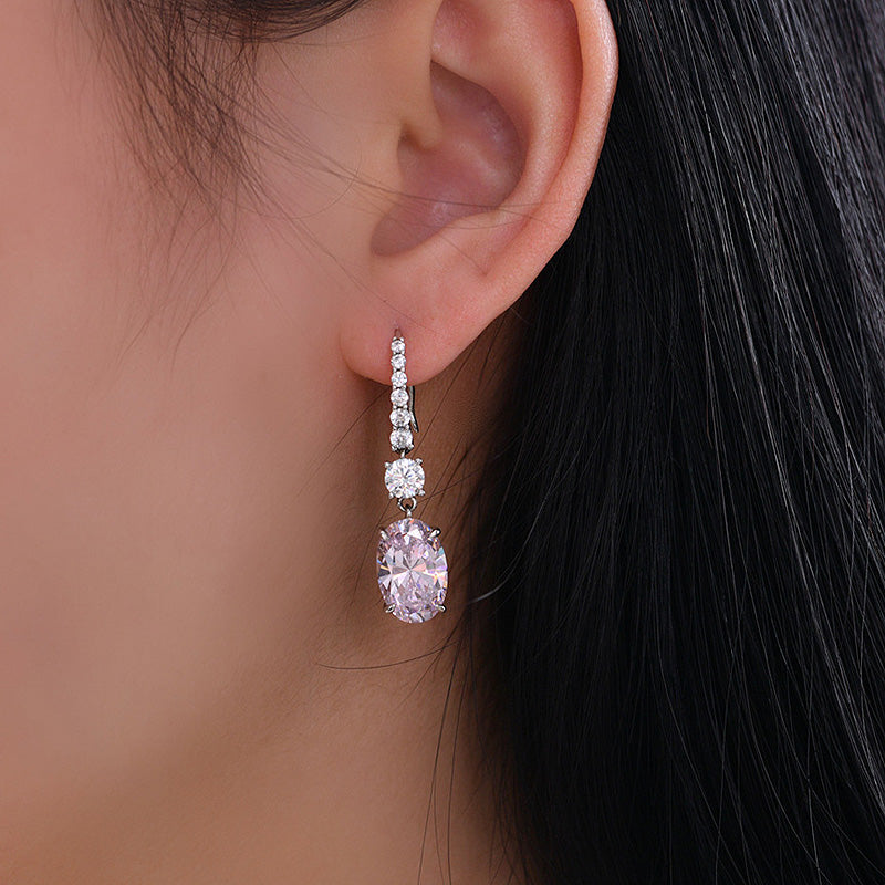 Created Pink Sapphire Oval Cut Women's Drop Earrings In Sterling Silver