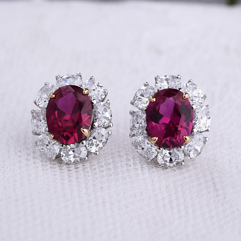 Luxurious Ruby Oval Cut Halo Jewelry Set In Sterling Silver-Maxinejewelry