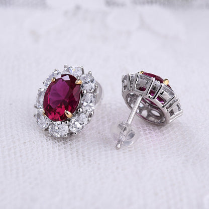 Luxurious Ruby Oval Cut Halo Jewelry Set In Sterling Silver-Maxinejewelry