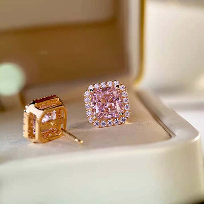 Elegant Rose Gold Halo Radiant Cut Pink Sapphire Stud Earrings In Sterling Silver