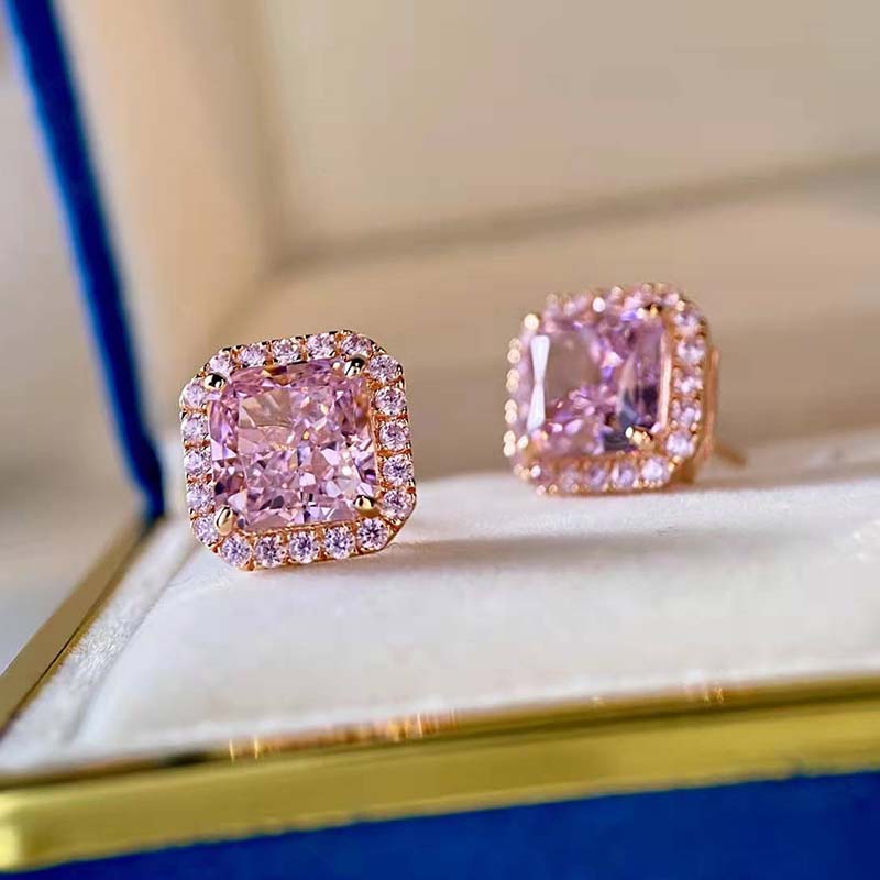 Elegant Rose Gold Halo Radiant Cut Pink Sapphire Stud Earrings In Sterling Silver