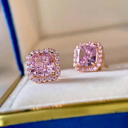 Elegant Rose Gold Halo Radiant Cut Pink Sapphire Stud Earrings In Sterling Silver