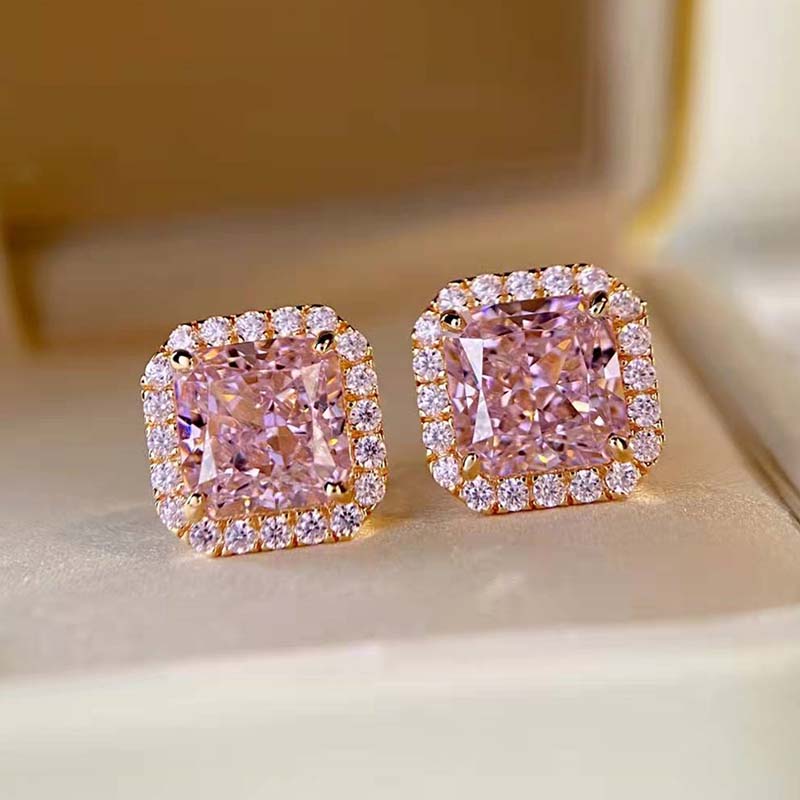 Elegant Rose Gold Halo Radiant Cut Pink Sapphire Stud Earrings In Sterling Silver-Maxinejewelry