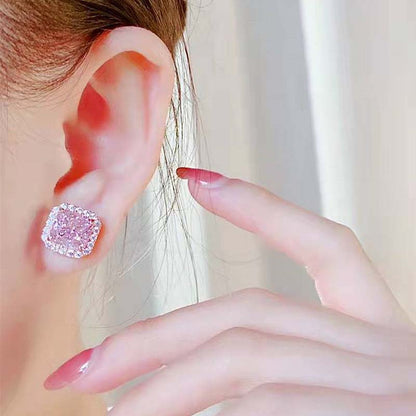 Elegant Rose Gold Halo Radiant Cut Pink Sapphire Stud Earrings In Sterling Silver