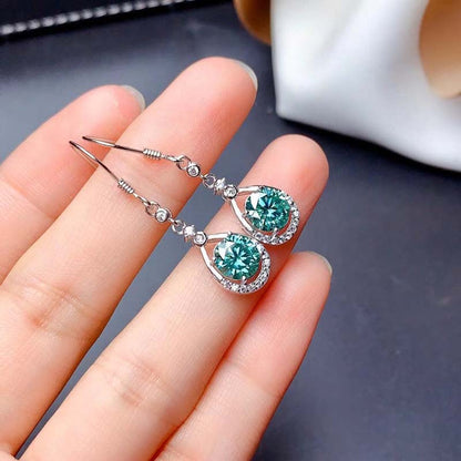 Stunning Round Cut Paraiba Tourmaline Drop Earrings In Sterling Silver