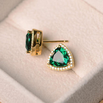 Elegant Yellow Gold Trillion Cut Emerald Green Earrings In Sterling Silver