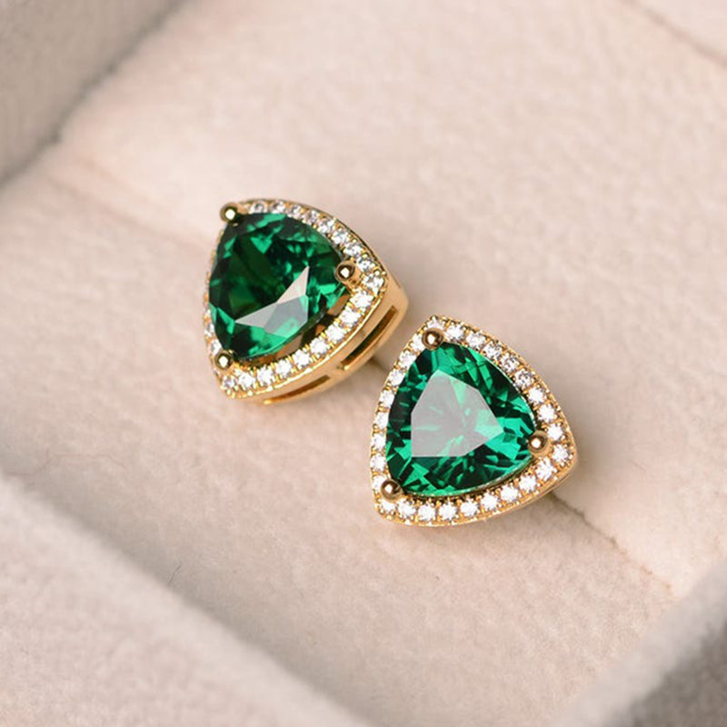 Elegant Yellow Gold Trillion Cut Emerald Green Earrings In Sterling Silver