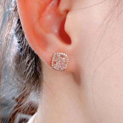 Elegant Rose Gold Halo Cushion Cut Pink Stone Stud Earrings