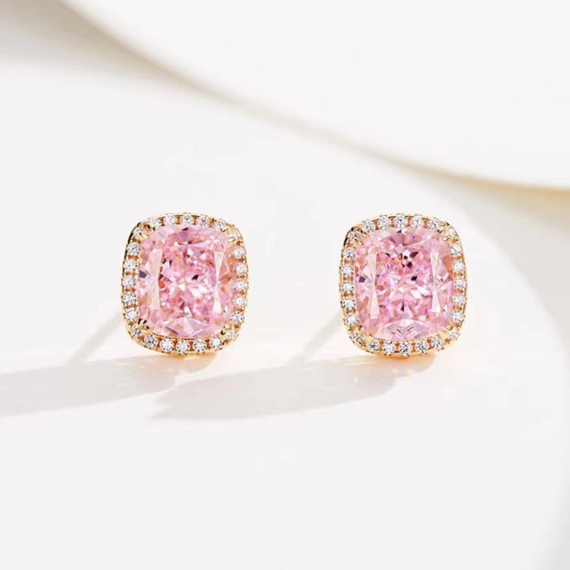 Elegant Rose Gold Halo Cushion Cut Pink Stone Stud Earrings