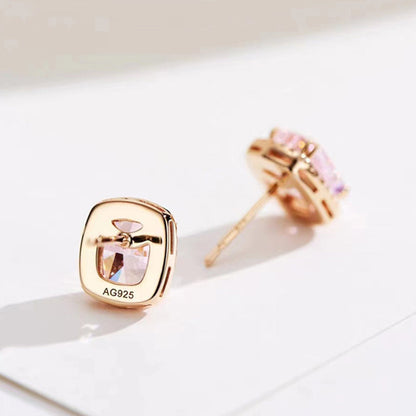 Elegant Rose Gold Halo Cushion Cut Pink Stone Stud Earrings