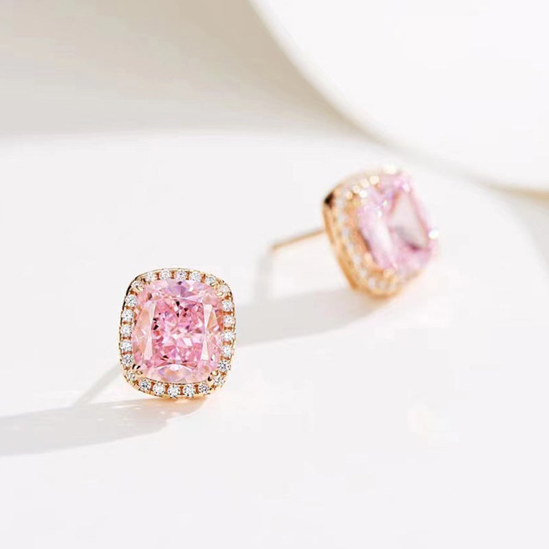 Elegant Rose Gold Halo Cushion Cut Pink Stone Stud Earrings