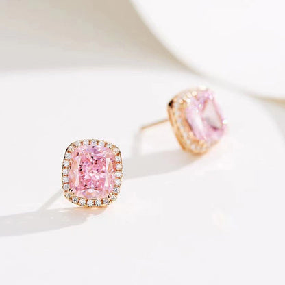 Elegant Rose Gold Halo Cushion Cut Pink Stone Stud Earrings