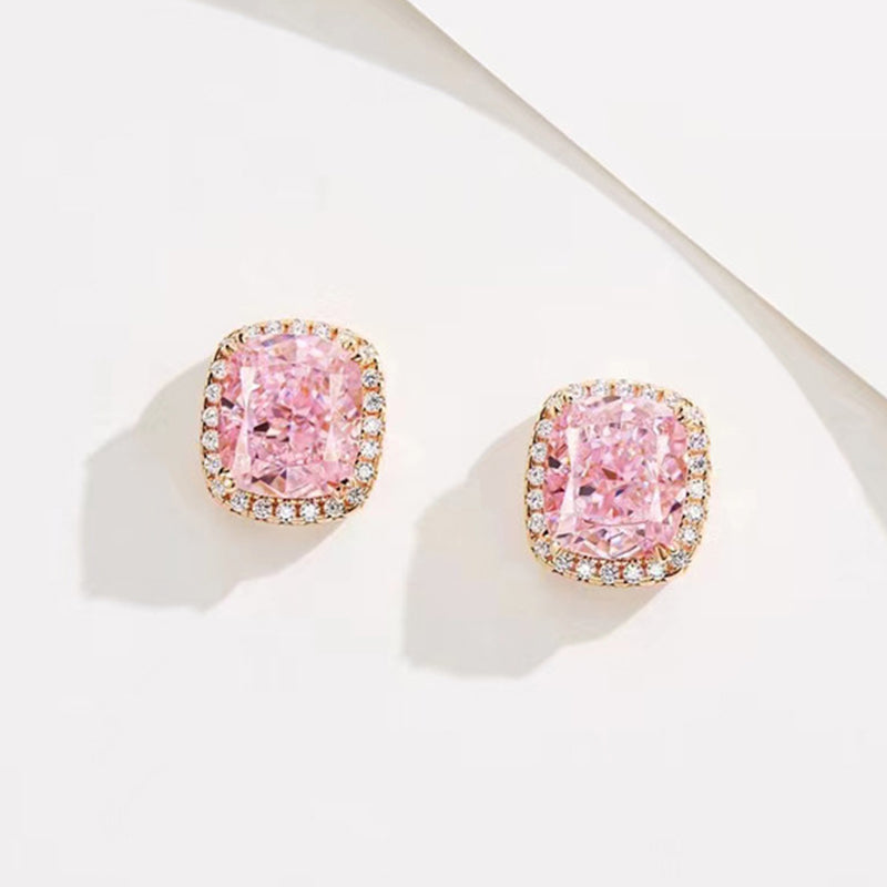 Elegant Rose Gold Halo Cushion Cut Pink Stone Stud Earrings