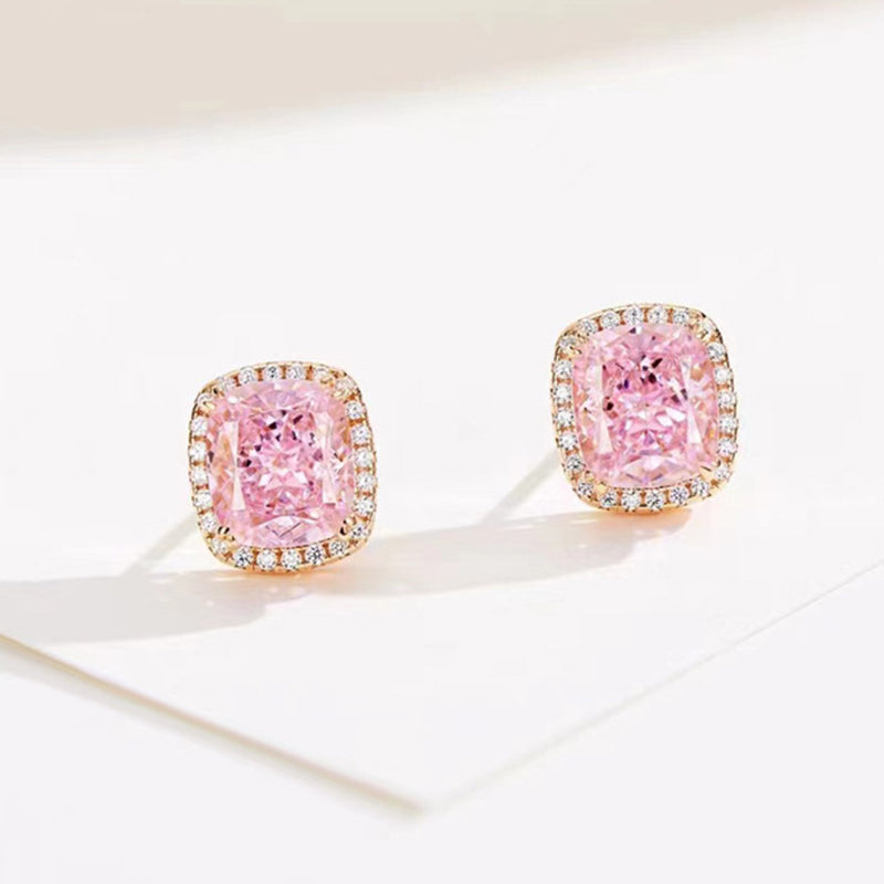 Elegant Rose Gold Halo Cushion Cut Pink Stone Stud Earrings