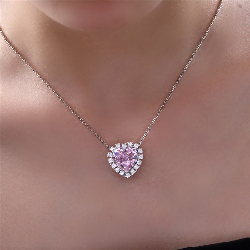 Halo Heart Cut Pink Sapphire Sterling Silver Necklace For Women