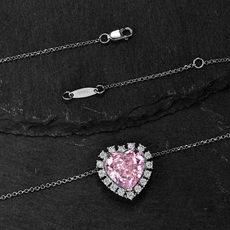 Halo Heart Cut Pink Sapphire Sterling Silver Necklace For Women