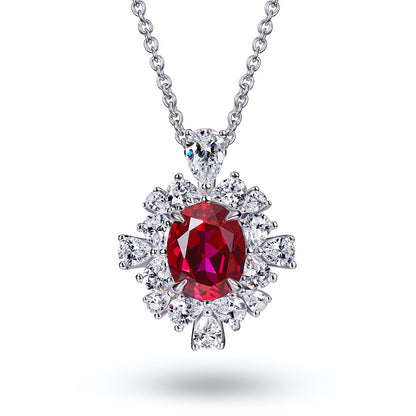 2.5 Carat Halo Ruby Oval Cut Pendant with Necklace In Sterling Silver