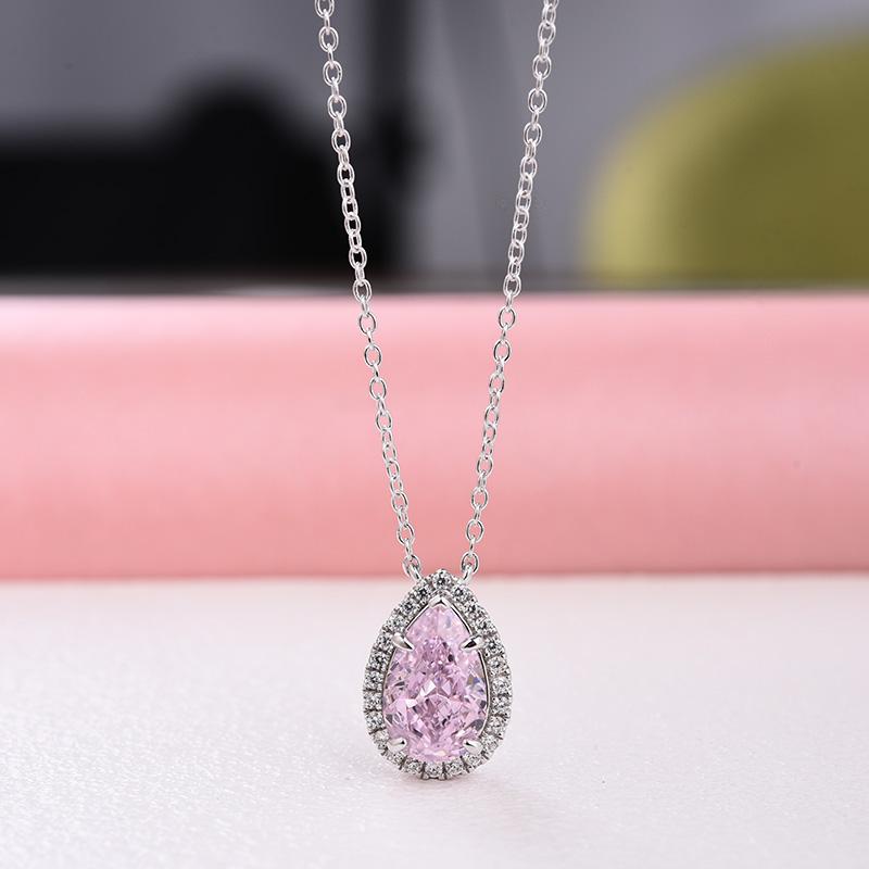 Elegant Halo Pear Cut Pink Sapphire Pendant with Necklace In Sterling Silver