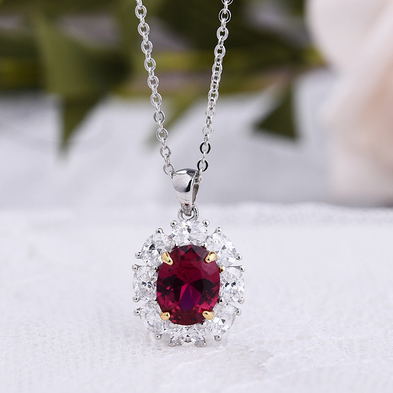 Luxurious Ruby Oval Cut Halo Jewelry Set In Sterling Silver-Maxinejewelry