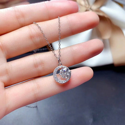 Moon Design Round Cut Pendant Necklace In Sterling Silver-Maxinejewelry