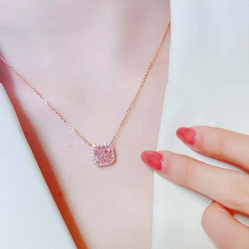 Elegant Halo Radiant Cut Pink Sapphire Pendant Necklace In Sterling Silver