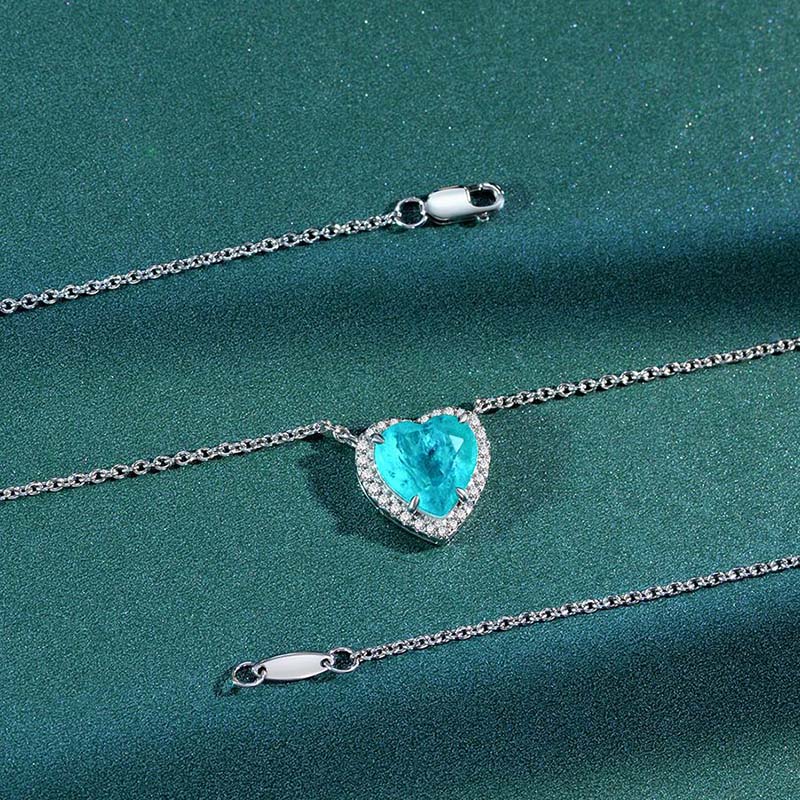 Halo Heart Cut Aquamarine Blue Necklace For Women In Sterling Silver