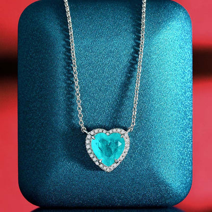 Halo Heart Cut Aquamarine Blue Necklace For Women In Sterling Silver-Maxinejewelry