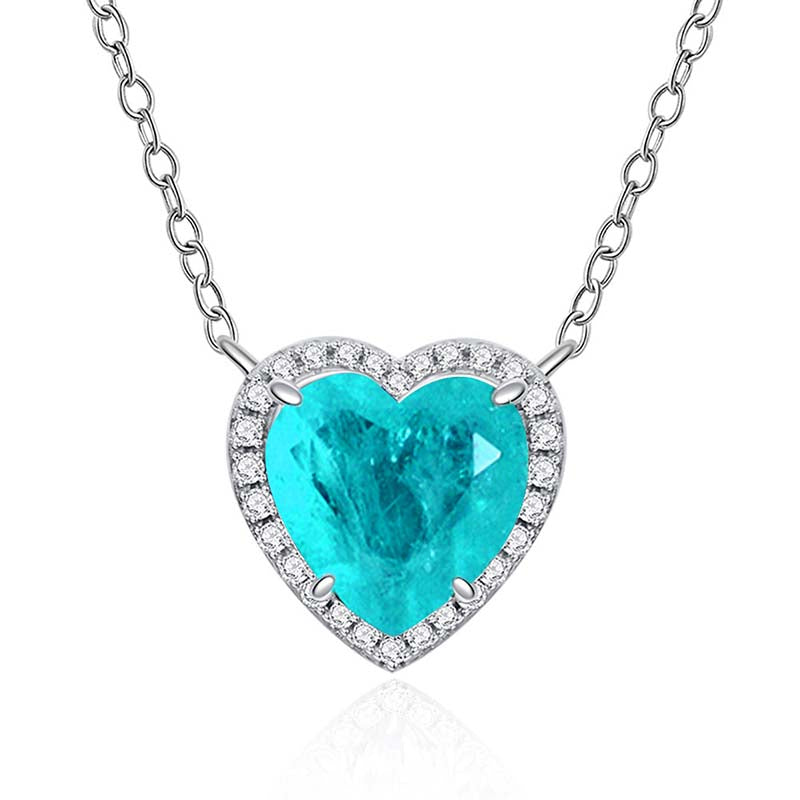 Halo Heart Cut Aquamarine Blue Necklace For Women In Sterling Silver