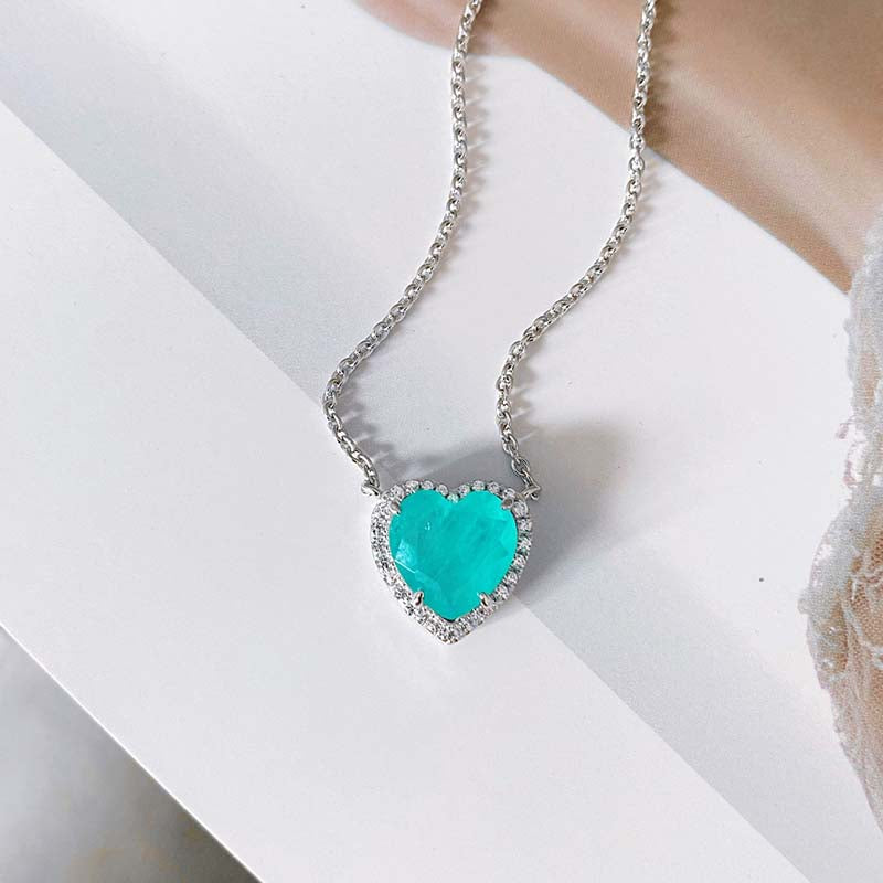 Halo Heart Cut Aquamarine Blue Necklace For Women In Sterling Silver