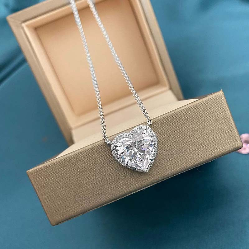 Elegant Halo Heart Cut Necklace For Women In Sterling Silver