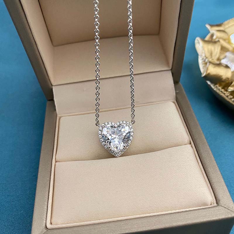 Elegant Halo Heart Cut Necklace For Women In Sterling Silver