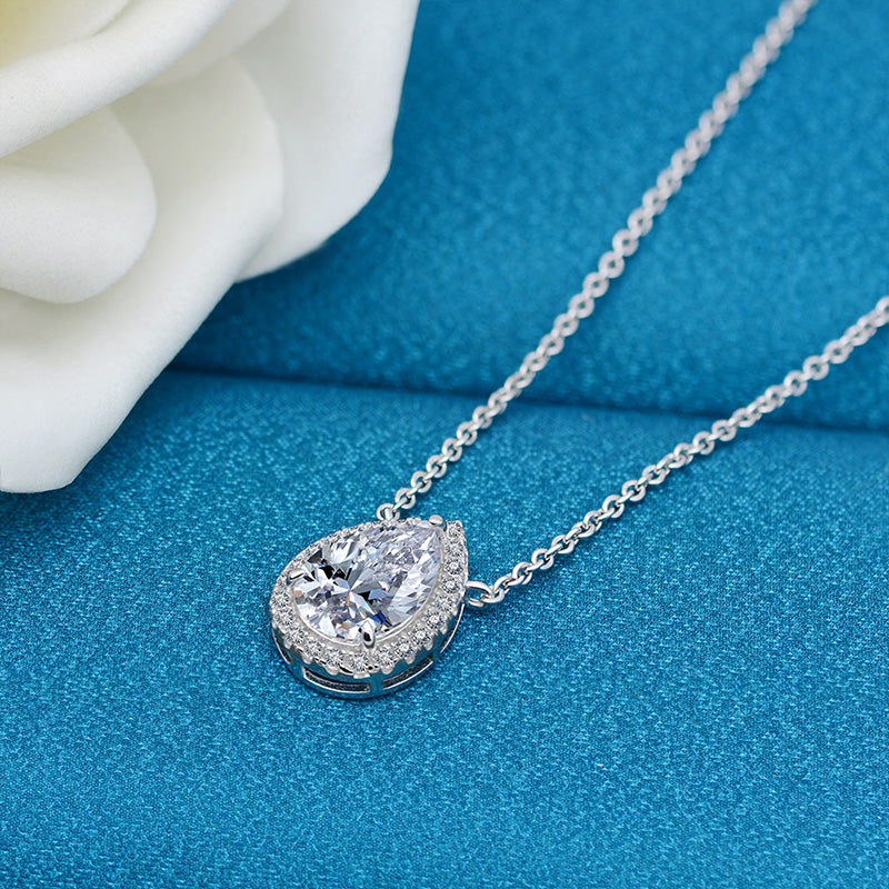 Elegant Halo Pear Cut Necklace For Women In Sterling Silver