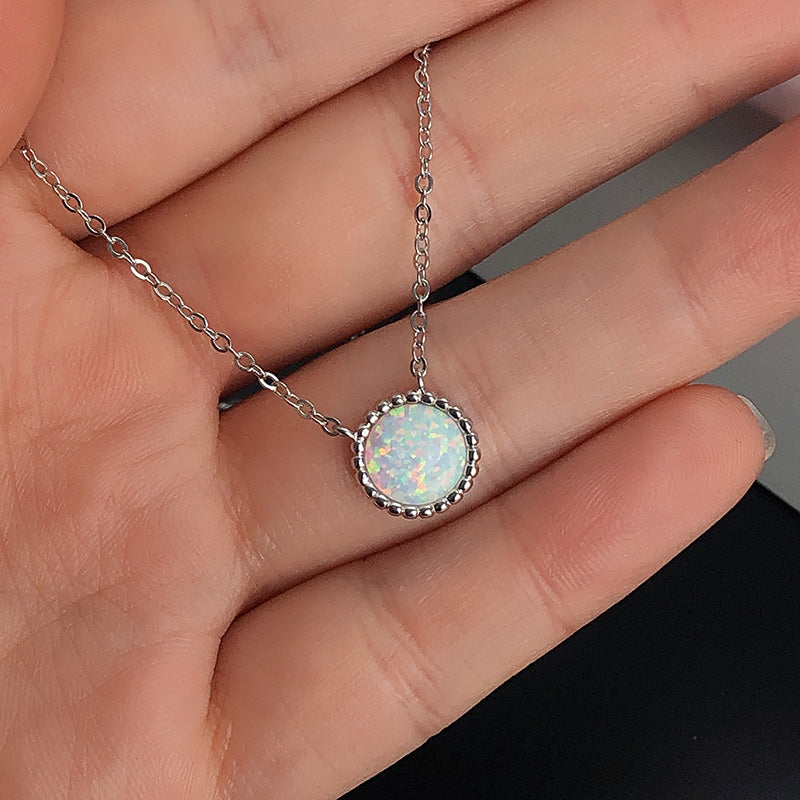 Elegant Halo Round Cut Opal Stone Women's Pendant Necklace In Sterling Silver