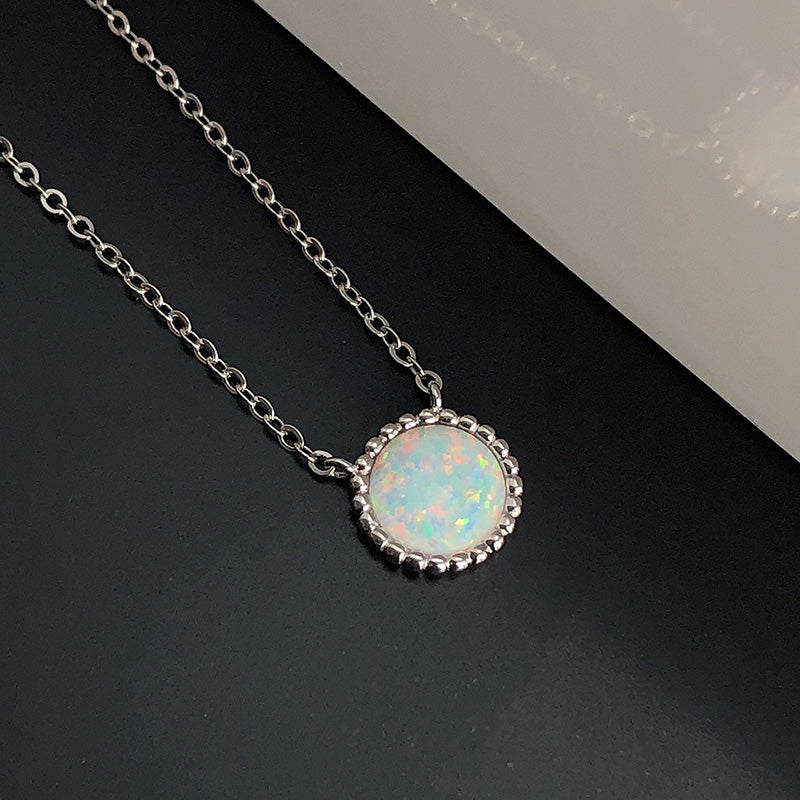 Elegant Halo Round Cut Opal Stone Women's Pendant Necklace In Sterling Silver-Maxinejewelry