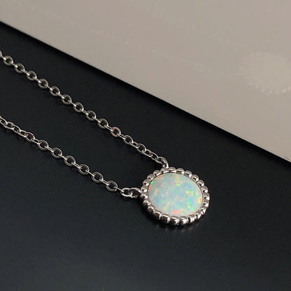 Elegant Halo Round Cut Opal Stone Women's Pendant Necklace In Sterling Silver