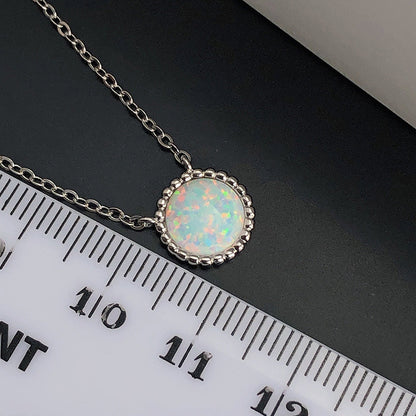 Elegant Halo Round Cut Opal Stone Women's Pendant Necklace In Sterling Silver