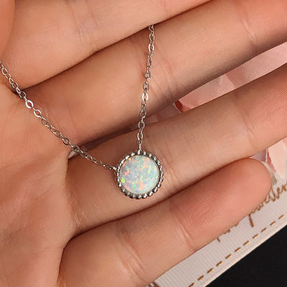 Elegant Halo Round Cut Opal Stone Women's Pendant Necklace In Sterling Silver