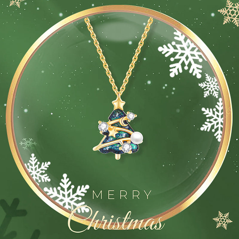 Yellow Gold Star and Moon Christmas Tree Pear Necklace