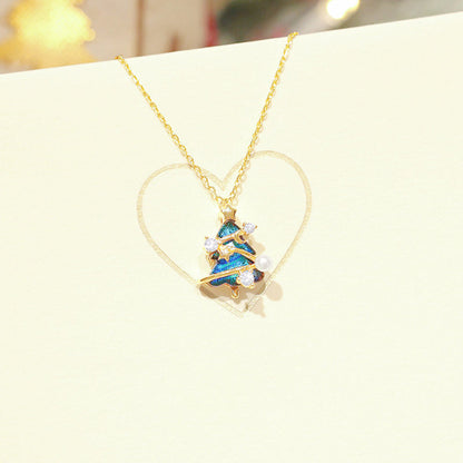 Yellow Gold Star and Moon Christmas Tree Pear Necklace