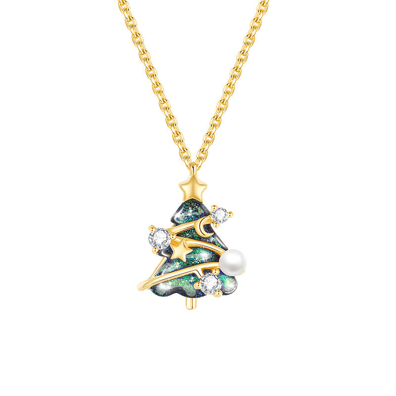 Yellow Gold Star and Moon Christmas Tree Pear Necklace