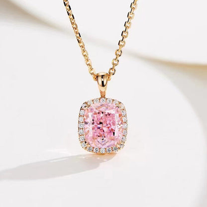 Louily Elegant Halo Cuhsion Cut Pink Stone Pendant Necklace