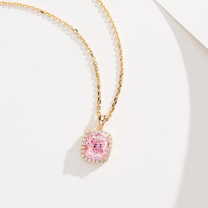 Elegant Halo Cushion Cut Pink Stone Necklace