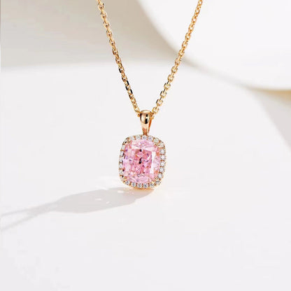 Elegant Halo Cushion Cut Pink Stone Necklace