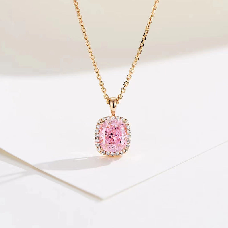 Elegant Halo Cushion Cut Pink Stone Necklace