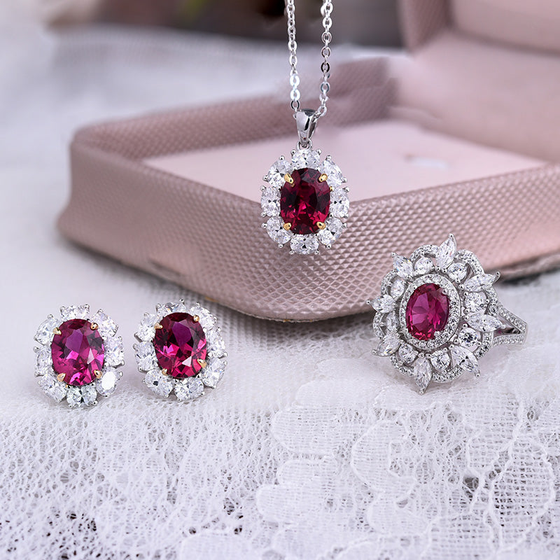 Luxurious Ruby Oval Cut Halo Jewelry Set In Sterling Silver-Maxinejewelry