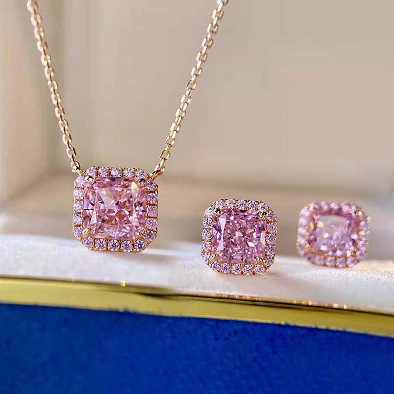 Rose Gold Halo Radiant Cut Pink Sapphire 2PC Jewelry Set In Sterling Silver-Maxinejewelry