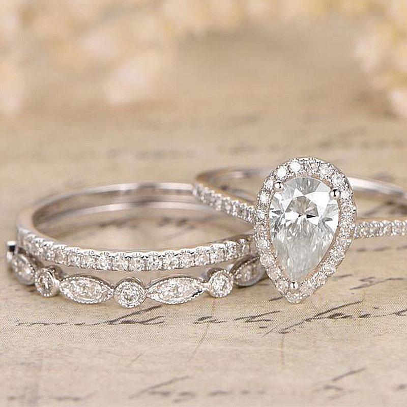 Halo Pear Cut 3-Pieces Wedding Ring Set Created White Sapphire In White Gold-Maxinejewelry