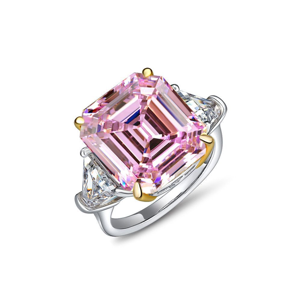 Pink Sapphire Asscher Cut and Trillion Cut Three Stone Engagement Ring for Her