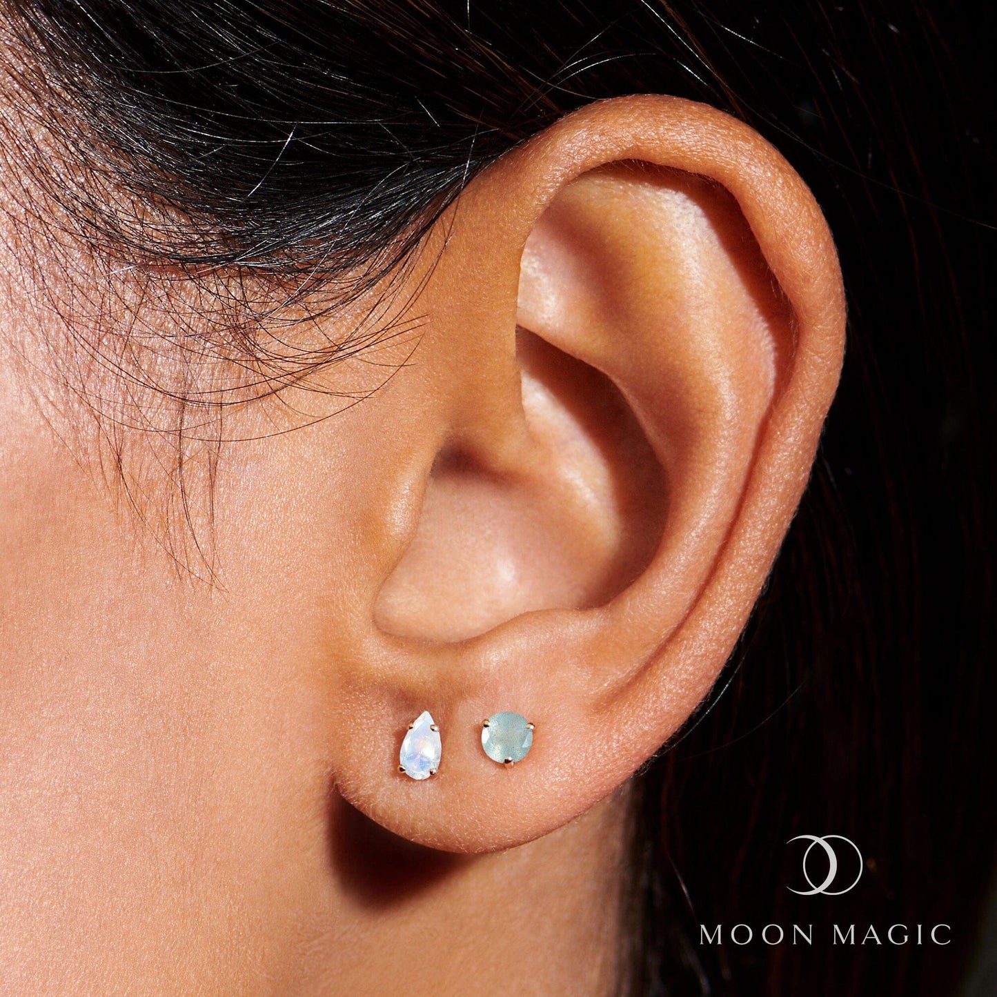 Aquamarine Moonstone Petite Round & Teardrop Studs