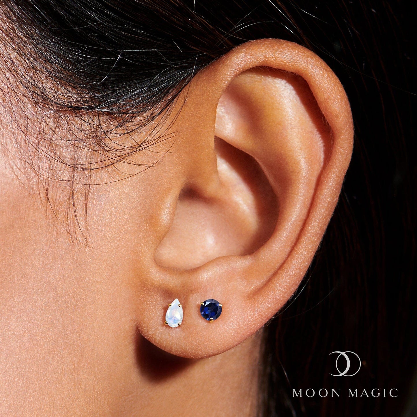 Blue Sapphire Moonstone Petite Round & Teardrop Studs